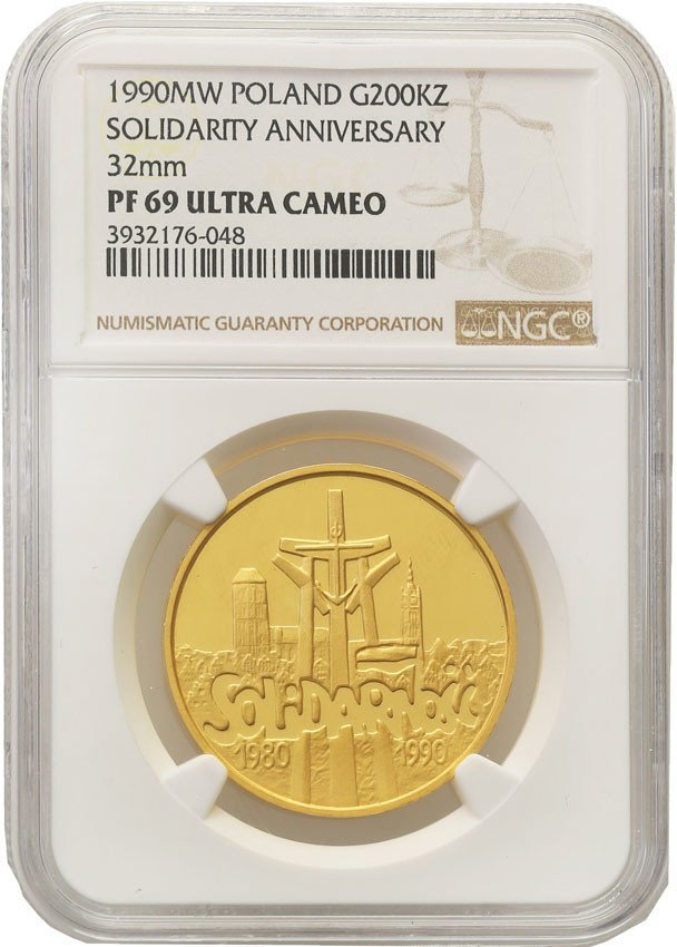III RP. 200.000 złotych 1990 Solidarność 32 mm NGC PF69 ULTRA CAMEO
